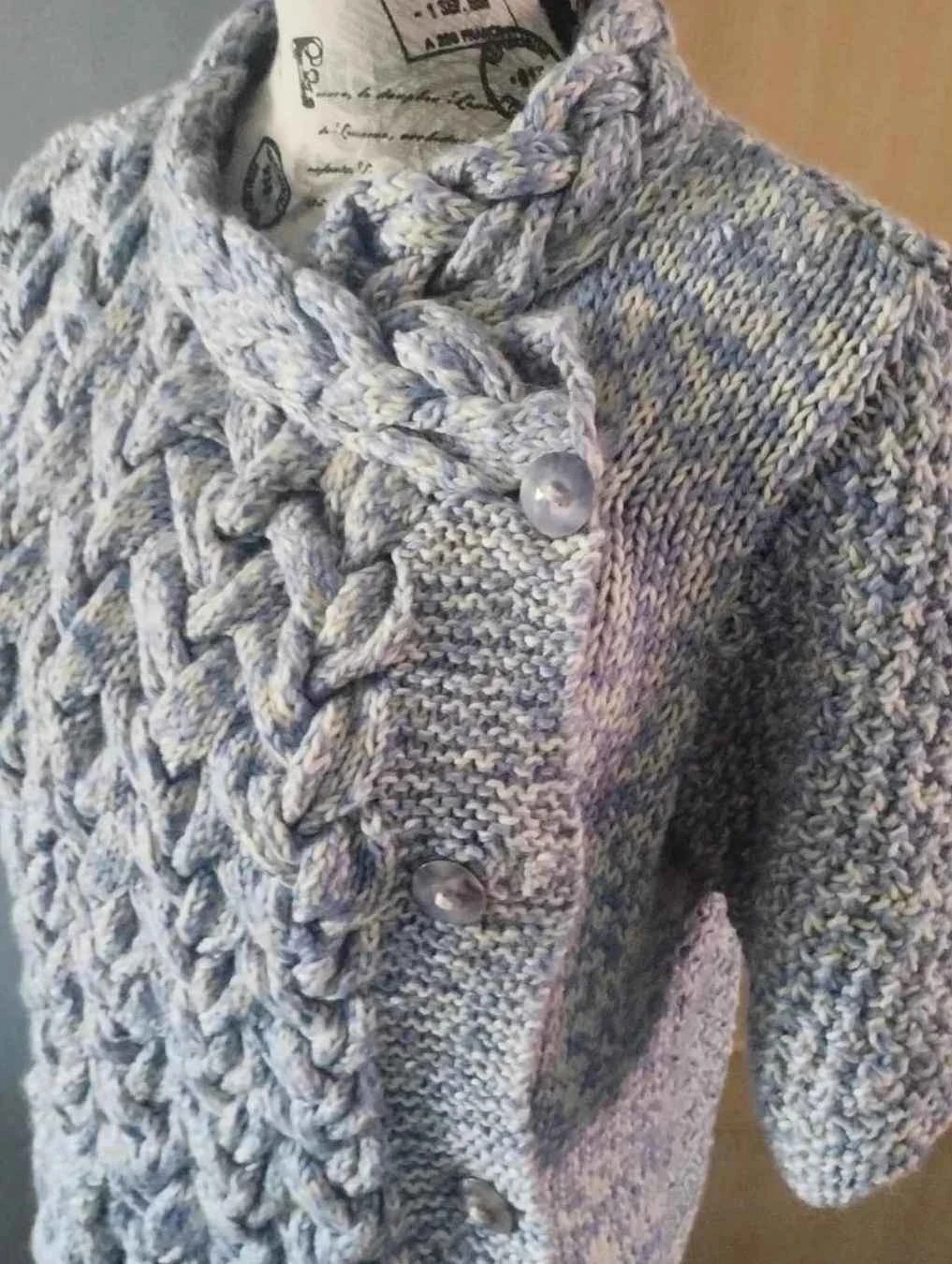 Cardigan azul claro/creme, lã, Fait Main T38//40 – photo 4